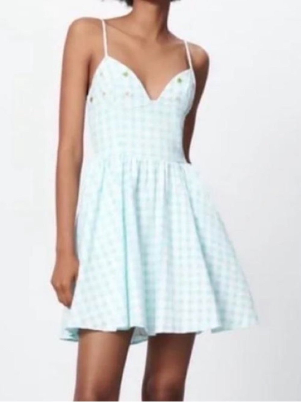 Zara green white gingham beaded mini fit flare dress size M